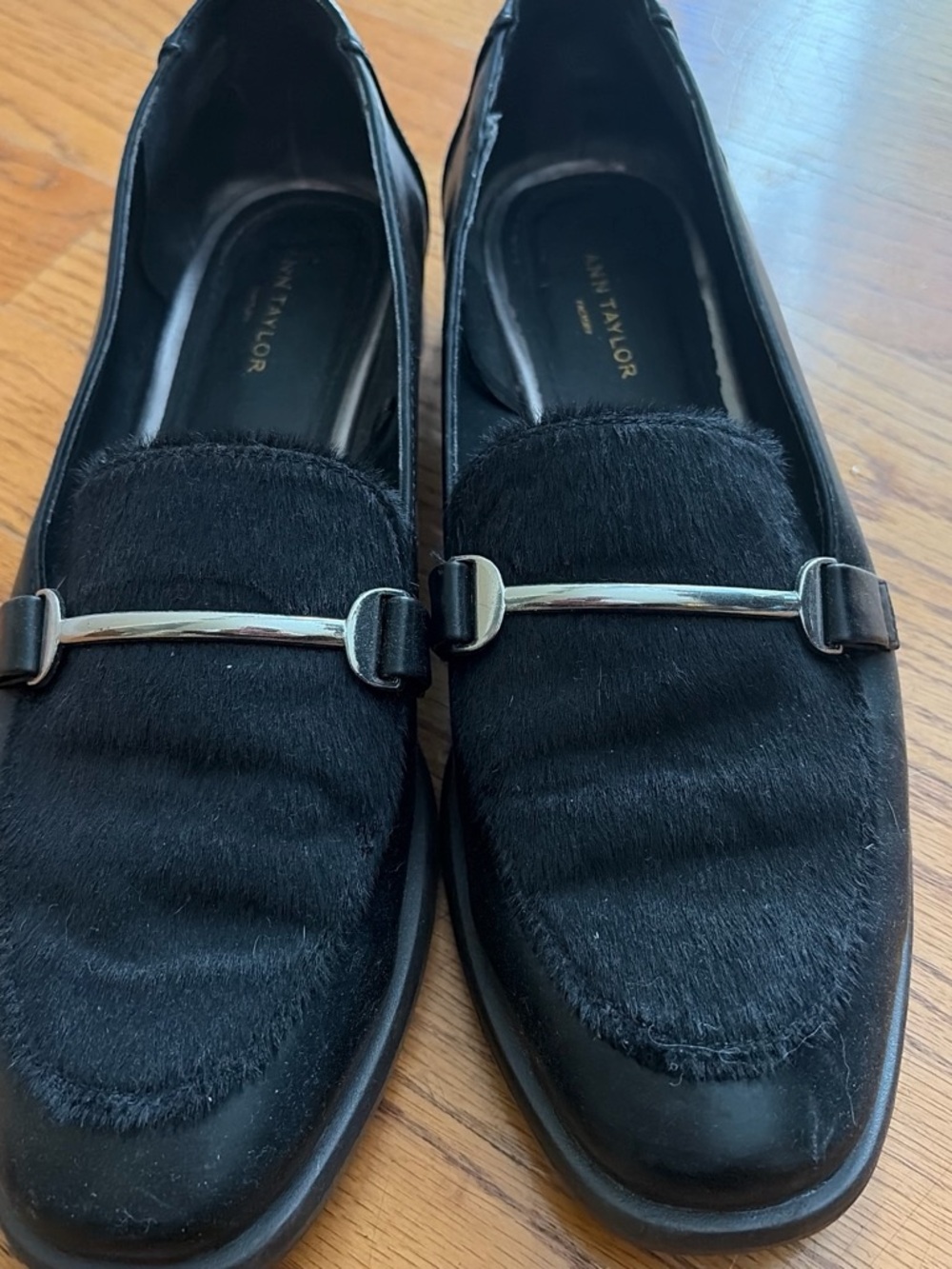 Ann Taylor Black Haircalf Loafers with Silver Bit